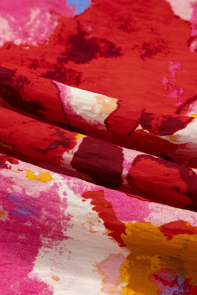 Red Ruffled V Neck Blouse with Abstract Print
