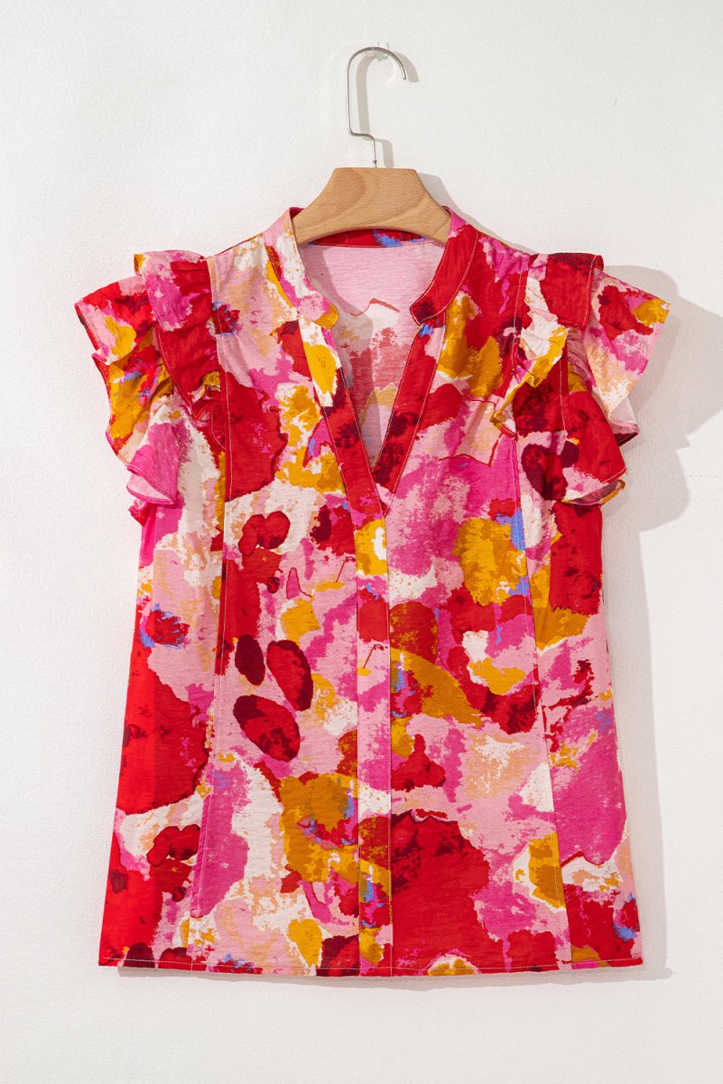 Red Ruffled V Neck Blouse with Abstract Print