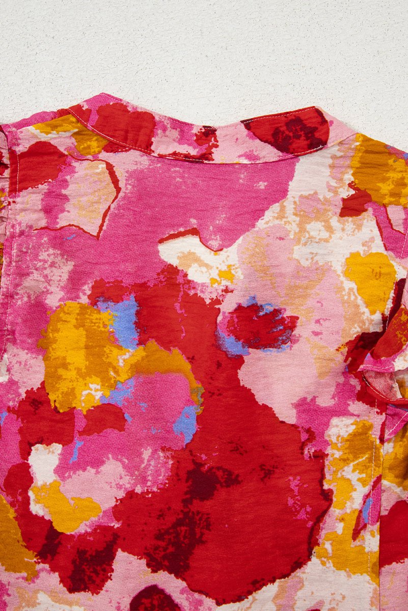 Red Ruffled V Neck Blouse with Abstract Print