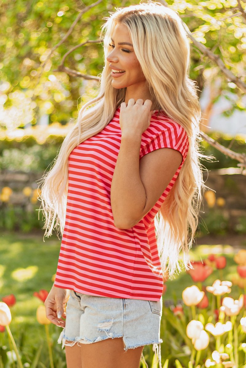 Red Stripe Ribbed Cap Sleeve Round Neck T Shirt for Women