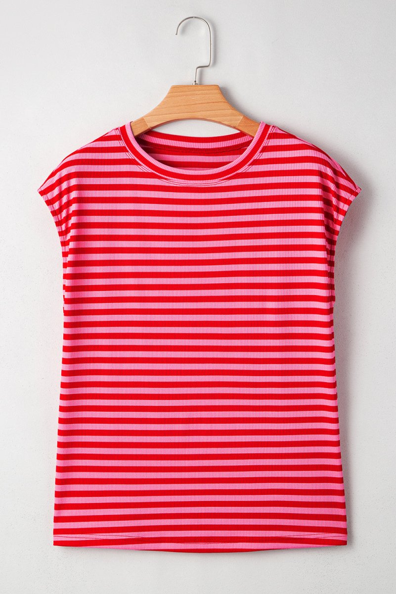 Red Stripe Ribbed Cap Sleeve Round Neck T Shirt for Women
