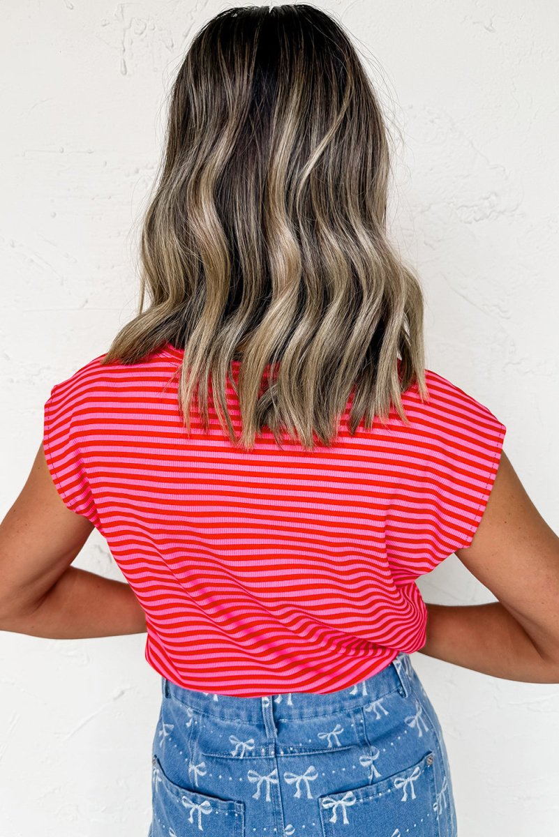 Red Stripe Ribbed Cap Sleeve Round Neck T Shirt for Women