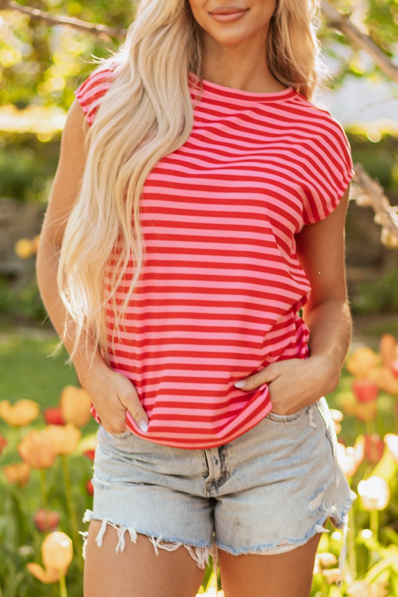 Red Stripe Ribbed Cap Sleeve Round Neck T Shirt for Women