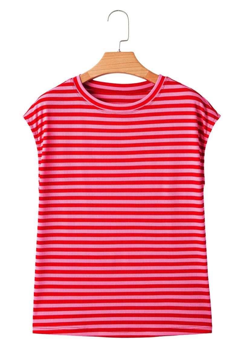 Red Stripe Ribbed Cap Sleeve Round Neck T Shirt for Women