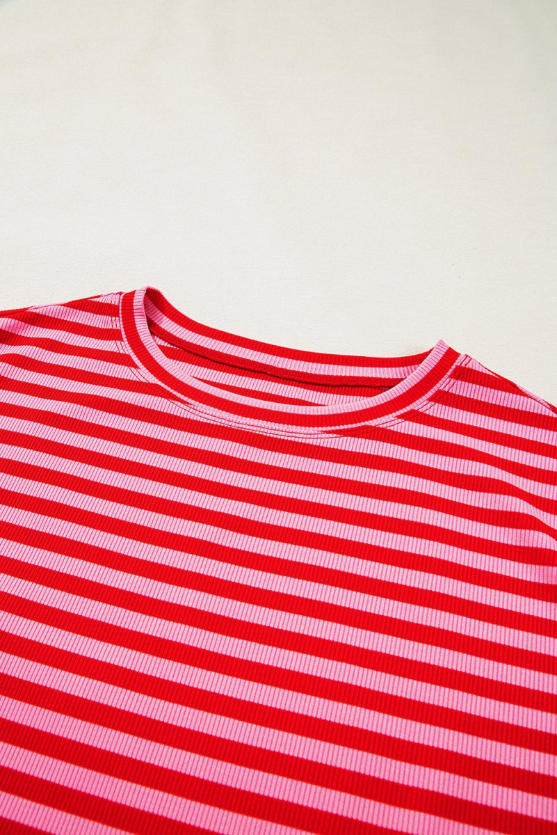 Red Stripe Ribbed Cap Sleeve Round Neck T Shirt for Women