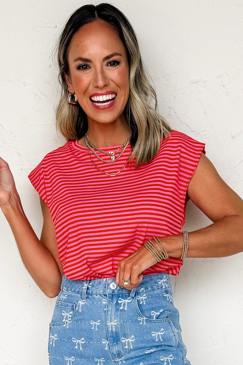 Red Stripe Ribbed Cap Sleeve Round Neck T Shirt for Women