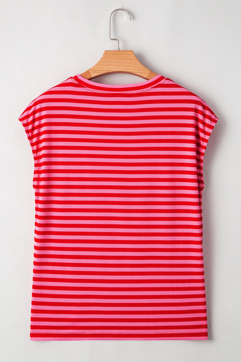 Red Stripe Ribbed Cap Sleeve Round Neck T Shirt for Women