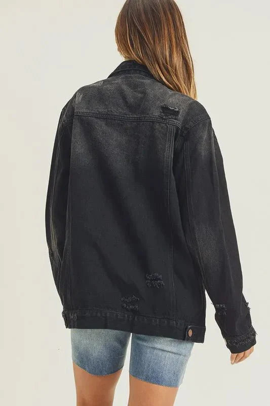 RISEN Full Size Distressed Long Sleeve Denim Jacket for Women