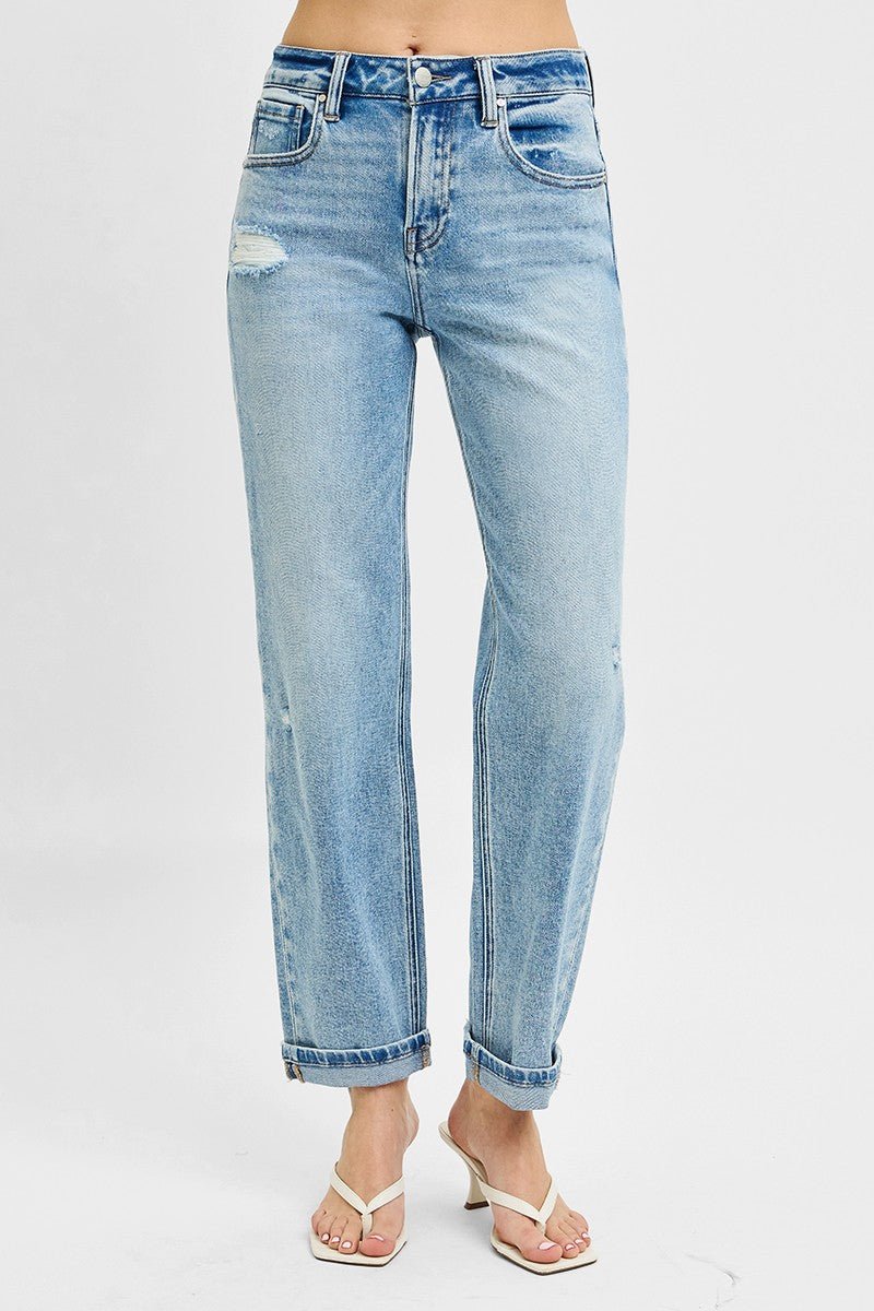 Premium RISEN Full Size High Rise Ankle Boyfriend Distressed Jeans Plus Size