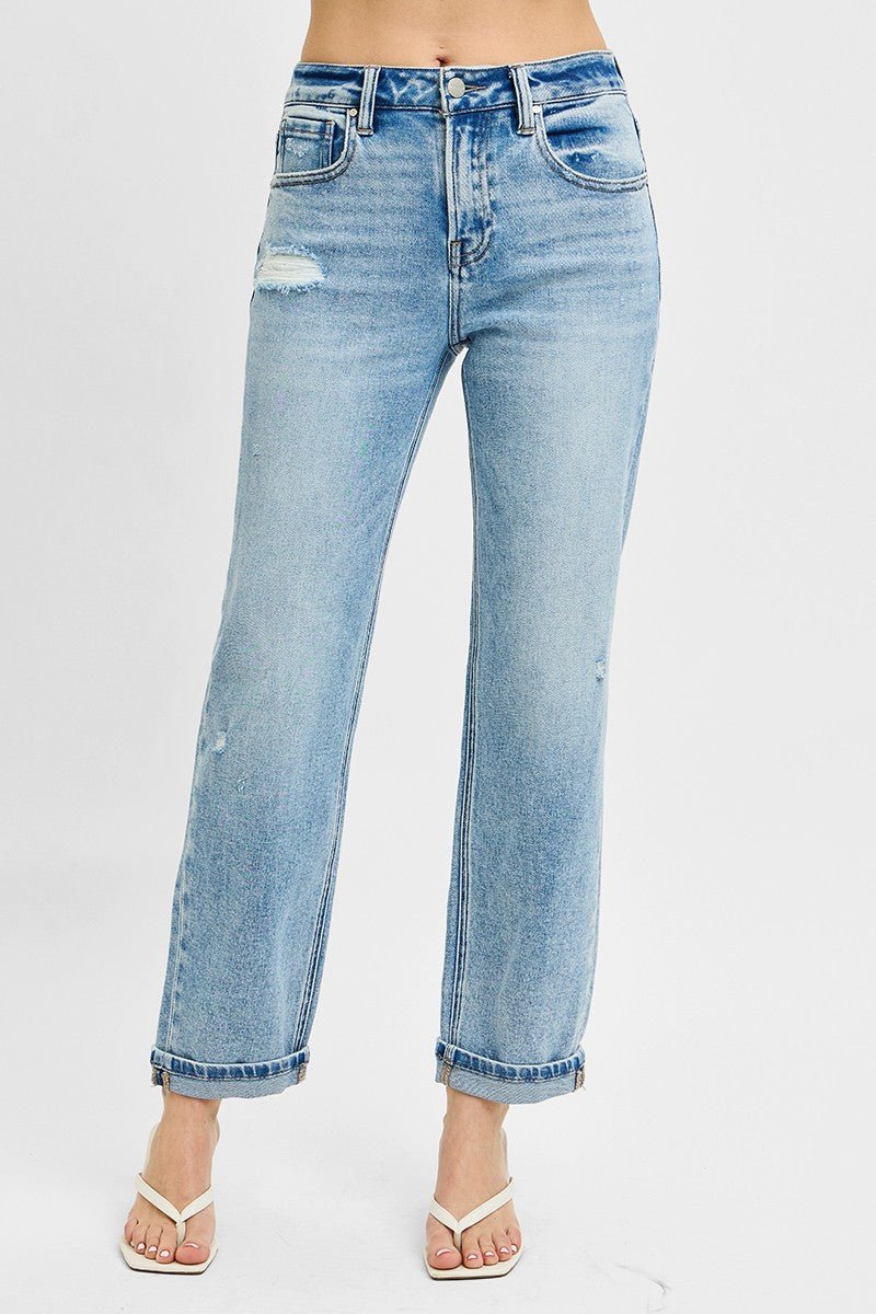 Premium RISEN Full Size High Rise Ankle Boyfriend Distressed Jeans Plus Size