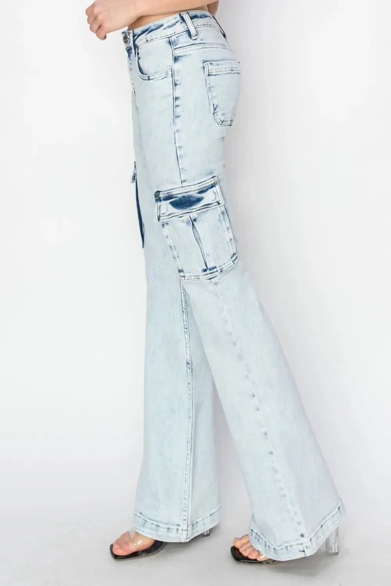 RISEN Full Size High Rise Cargo Flare Jeans for Women
