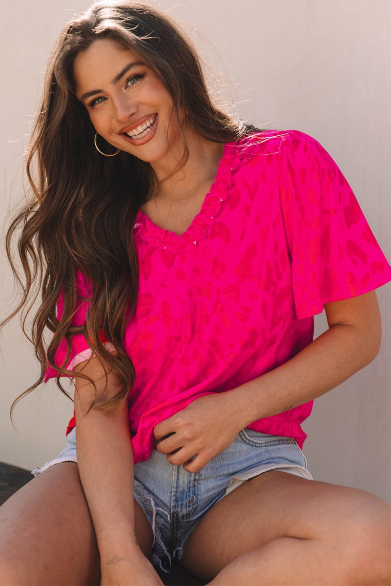 Rose Leopard Frilly V Neck Short Sleeve Blouse for Women
