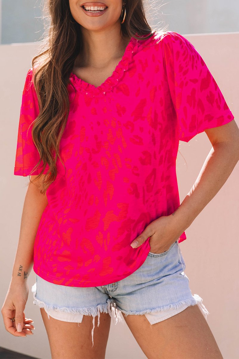 Rose Leopard Frilly V Neck Short Sleeve Blouse for Women