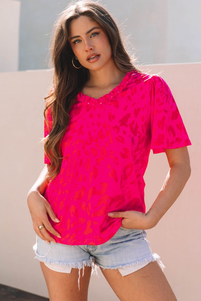 Rose Leopard Frilly V Neck Short Sleeve Blouse for Women