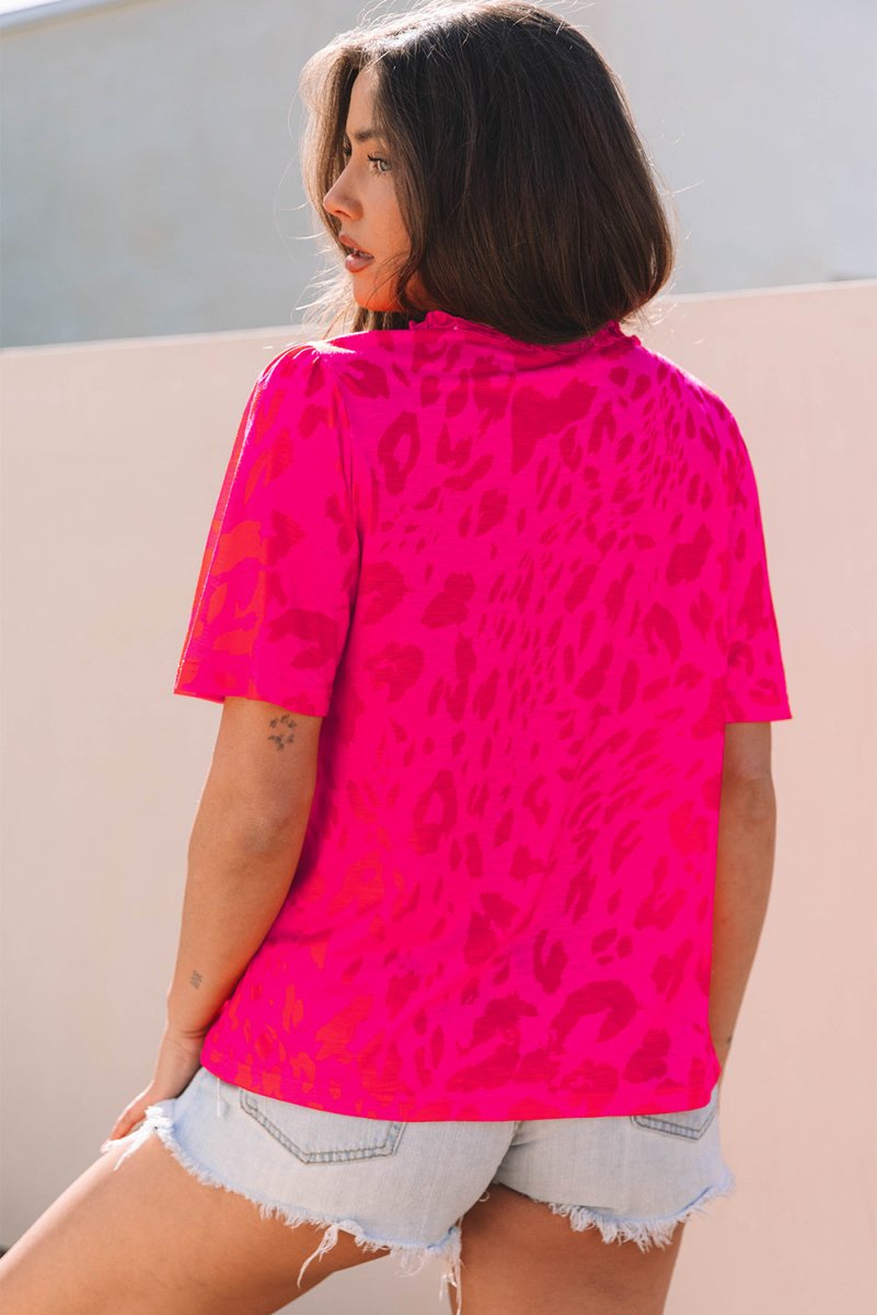 Rose Leopard Frilly V Neck Short Sleeve Blouse for Women