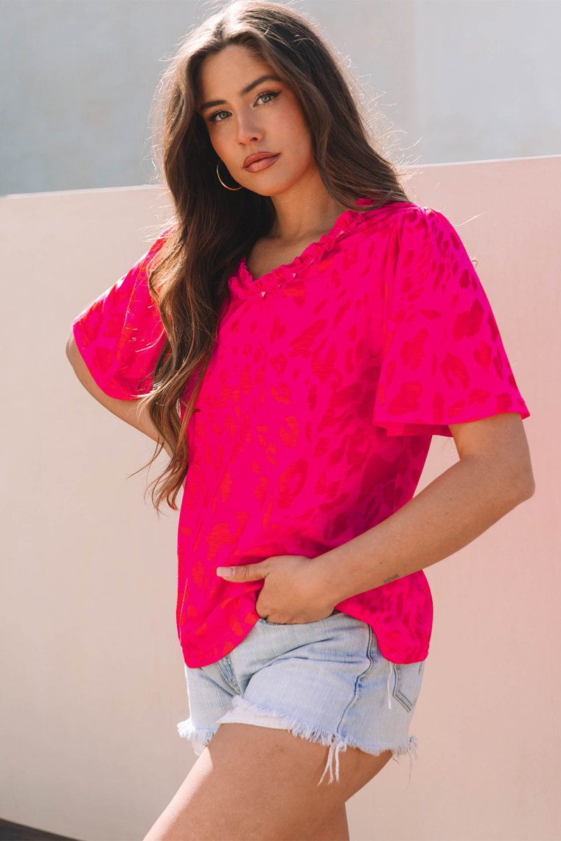 Rose Leopard Frilly V Neck Short Sleeve Blouse for Women