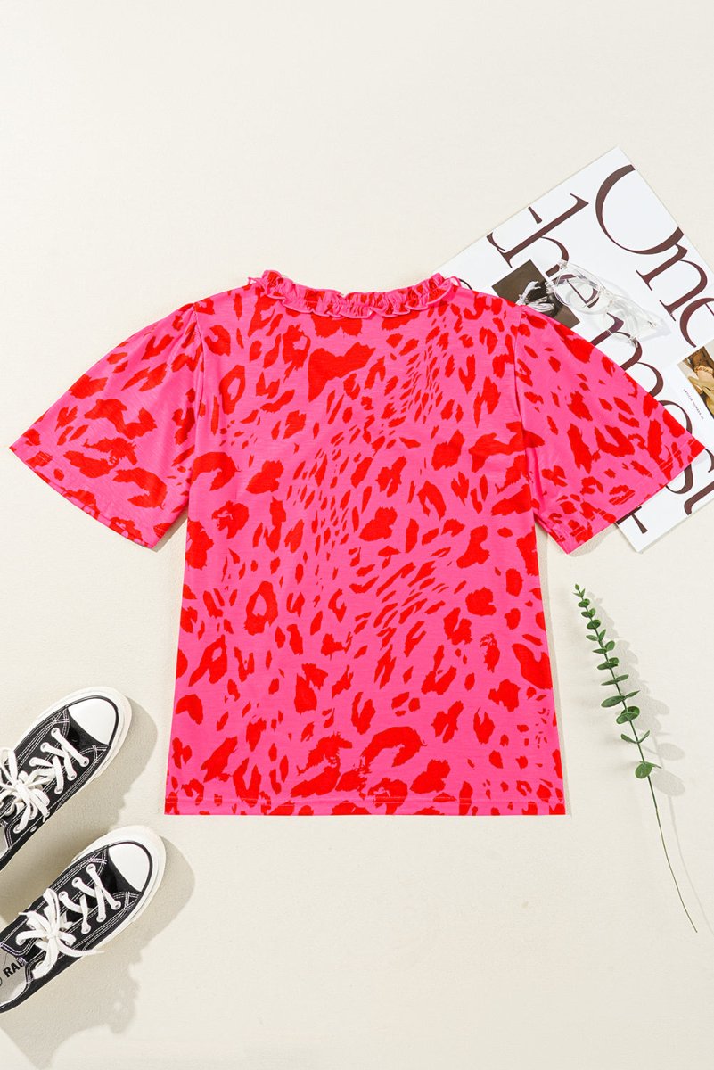 Rose Leopard Frilly V Neck Short Sleeve Blouse for Women
