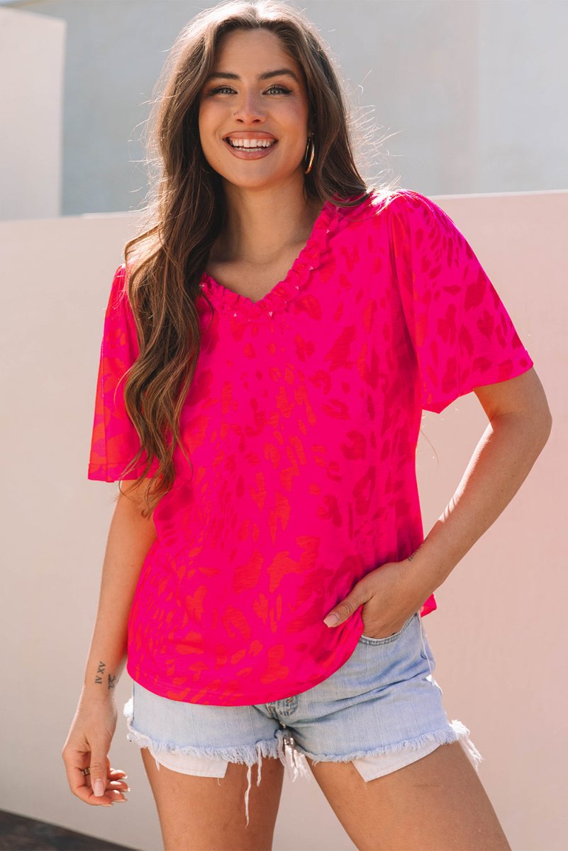 Rose Leopard Frilly V Neck Short Sleeve Blouse for Women