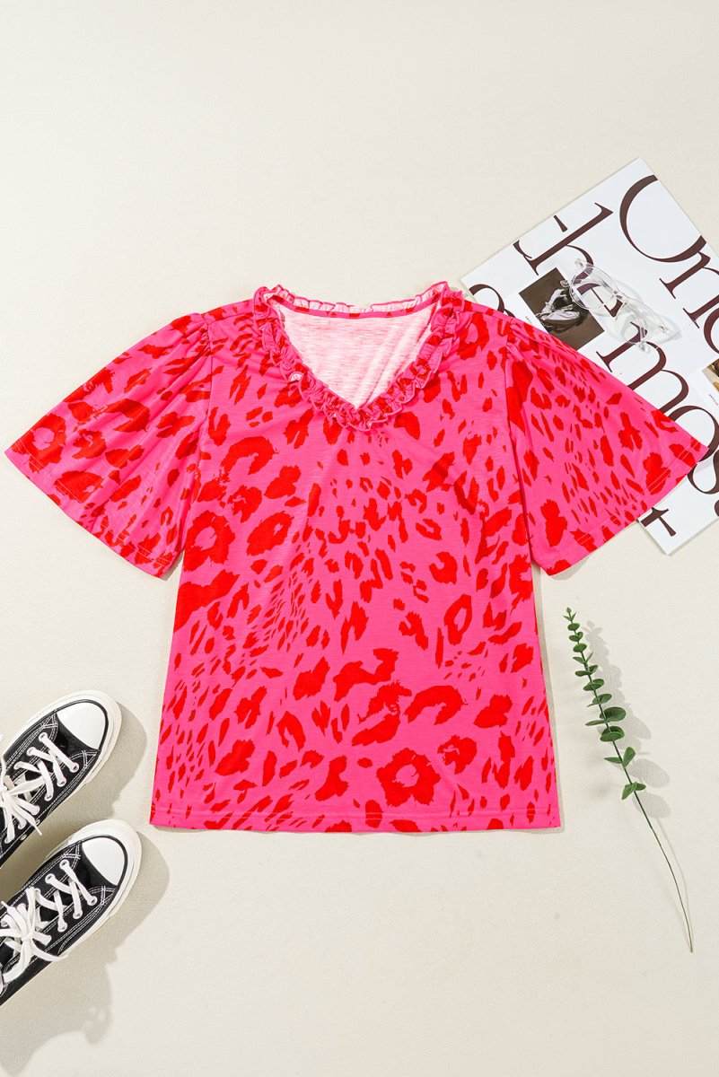 Rose Leopard Frilly V Neck Short Sleeve Blouse for Women