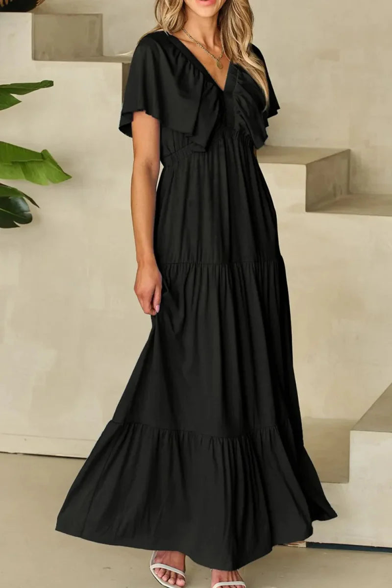 Ruffled V Neck Flutter Sleeve Maxi Dress for Women