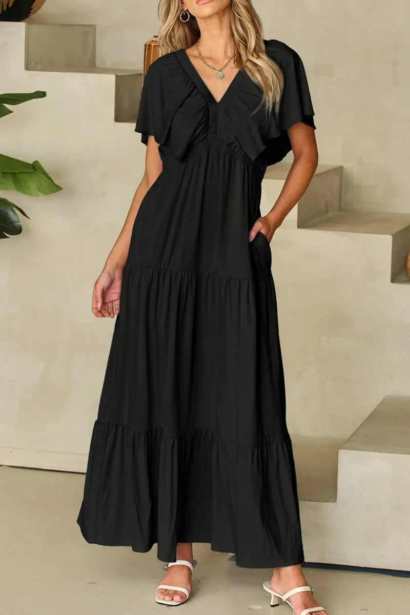 Ruffled V Neck Flutter Sleeve Maxi Dress for Women