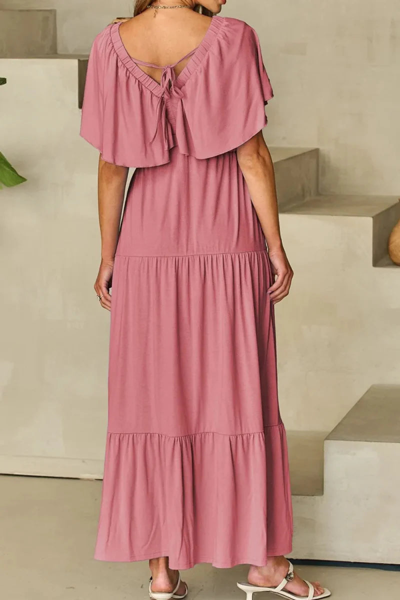 Ruffled V Neck Flutter Sleeve Maxi Dress for Women