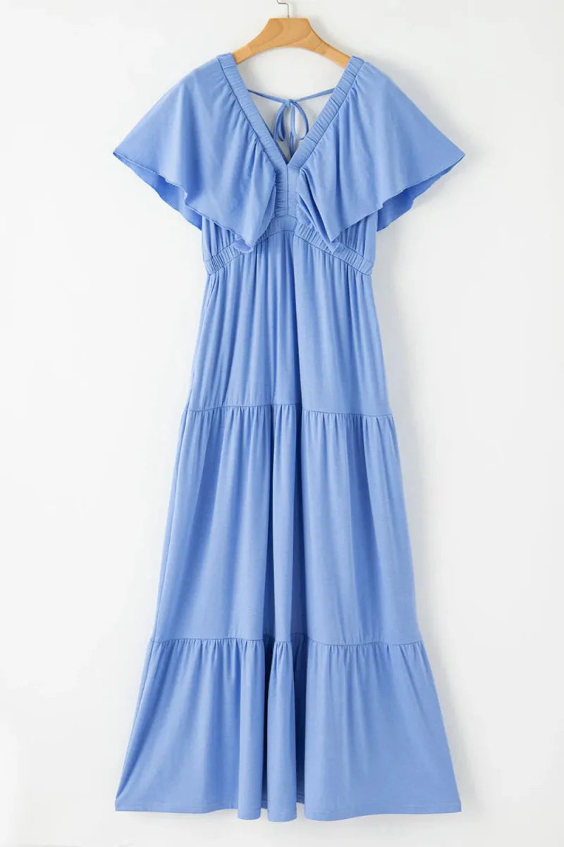 Ruffled V Neck Flutter Sleeve Maxi Dress for Women