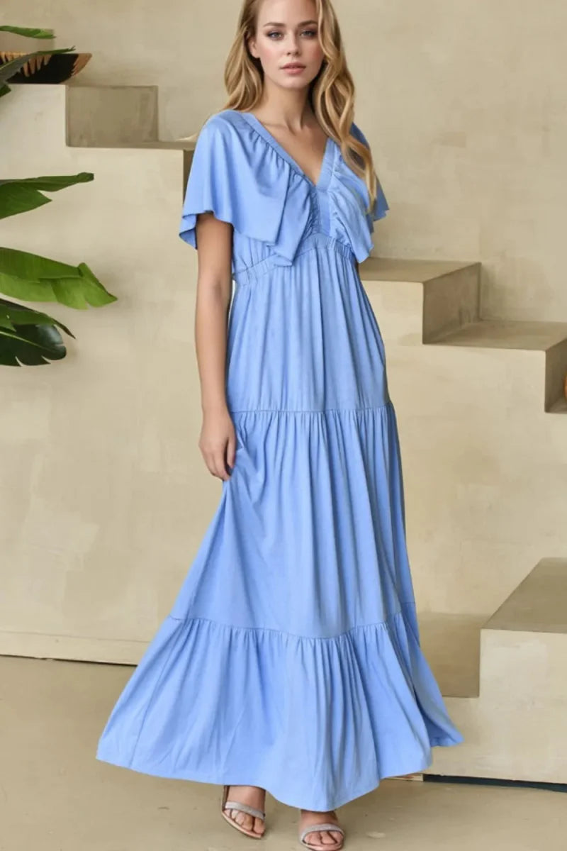 Ruffled V Neck Flutter Sleeve Maxi Dress for Women