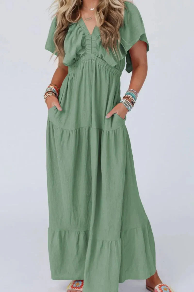 Ruffled V Neck Flutter Sleeve Maxi Dress for Women