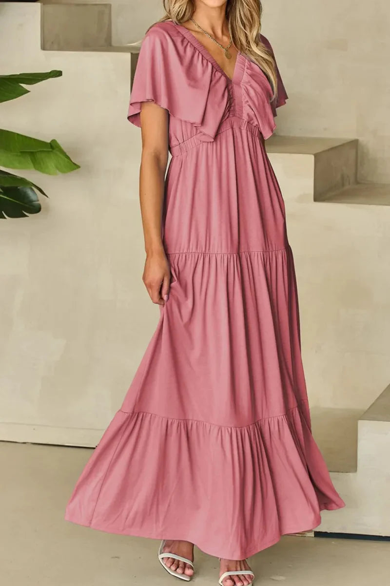 Ruffled V Neck Flutter Sleeve Maxi Dress for Women