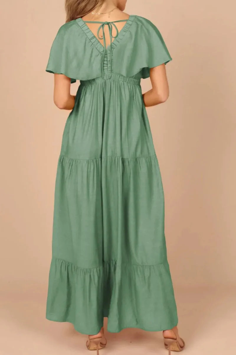 Ruffled V Neck Flutter Sleeve Maxi Dress for Women