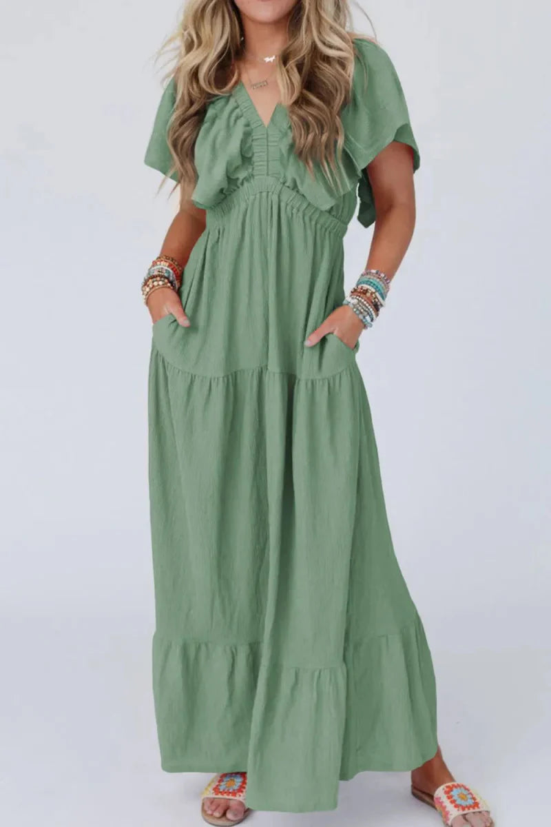 Ruffled V Neck Flutter Sleeve Maxi Dress for Women