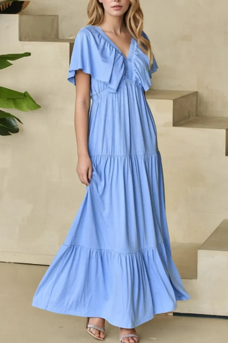 Ruffled V Neck Flutter Sleeve Maxi Dress for Women