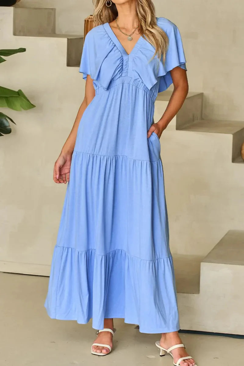 Ruffled V Neck Flutter Sleeve Maxi Dress for Women