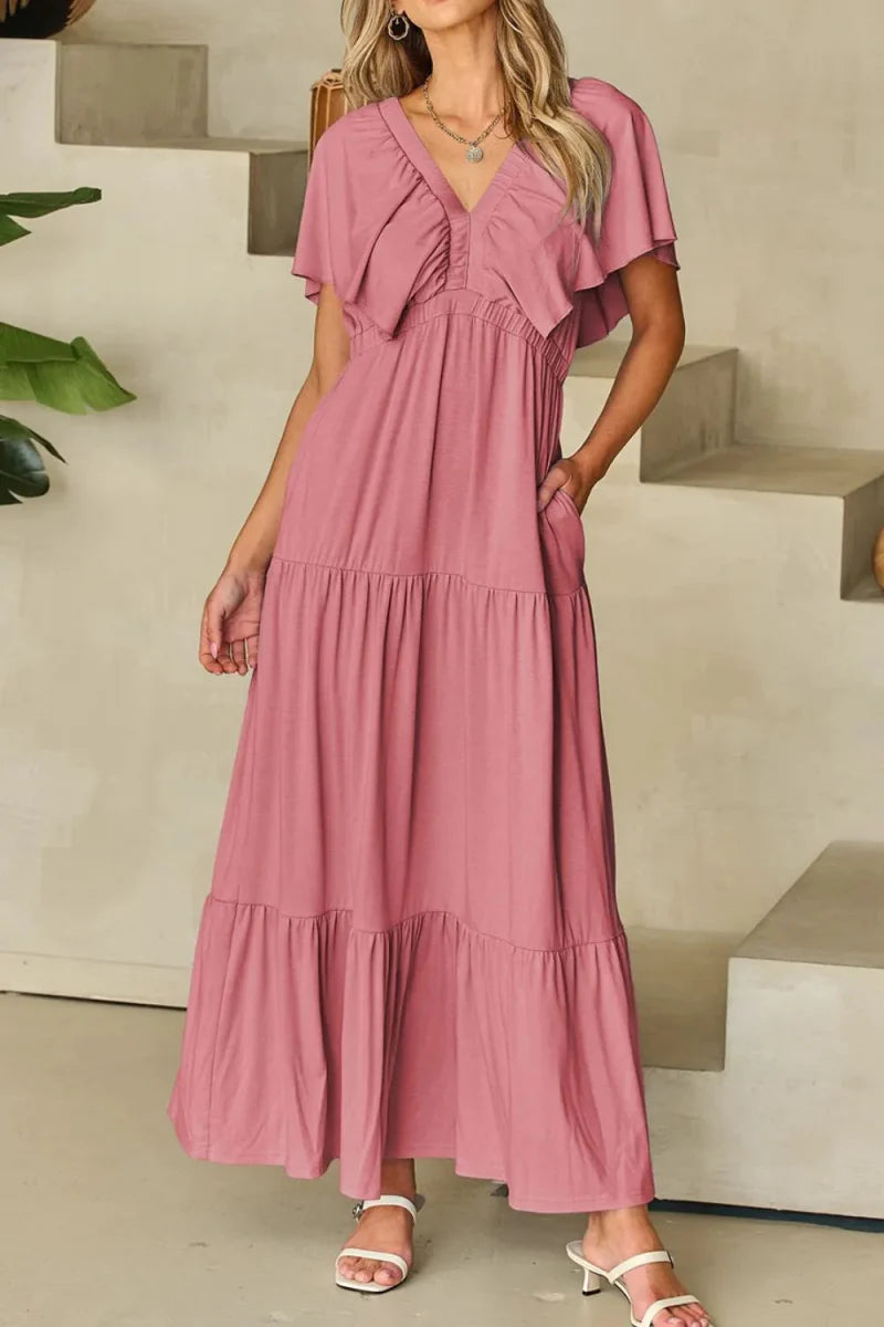 Ruffled V Neck Flutter Sleeve Maxi Dress for Women