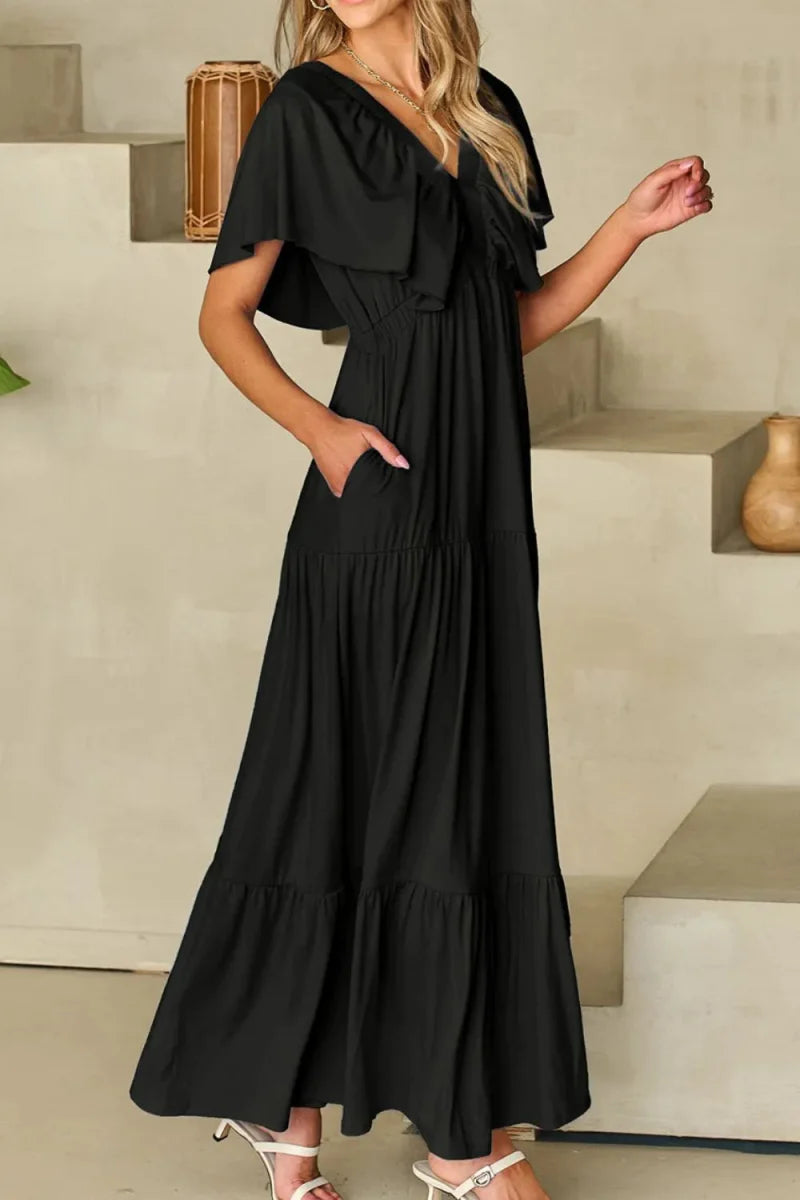 Ruffled V Neck Flutter Sleeve Maxi Dress for Women