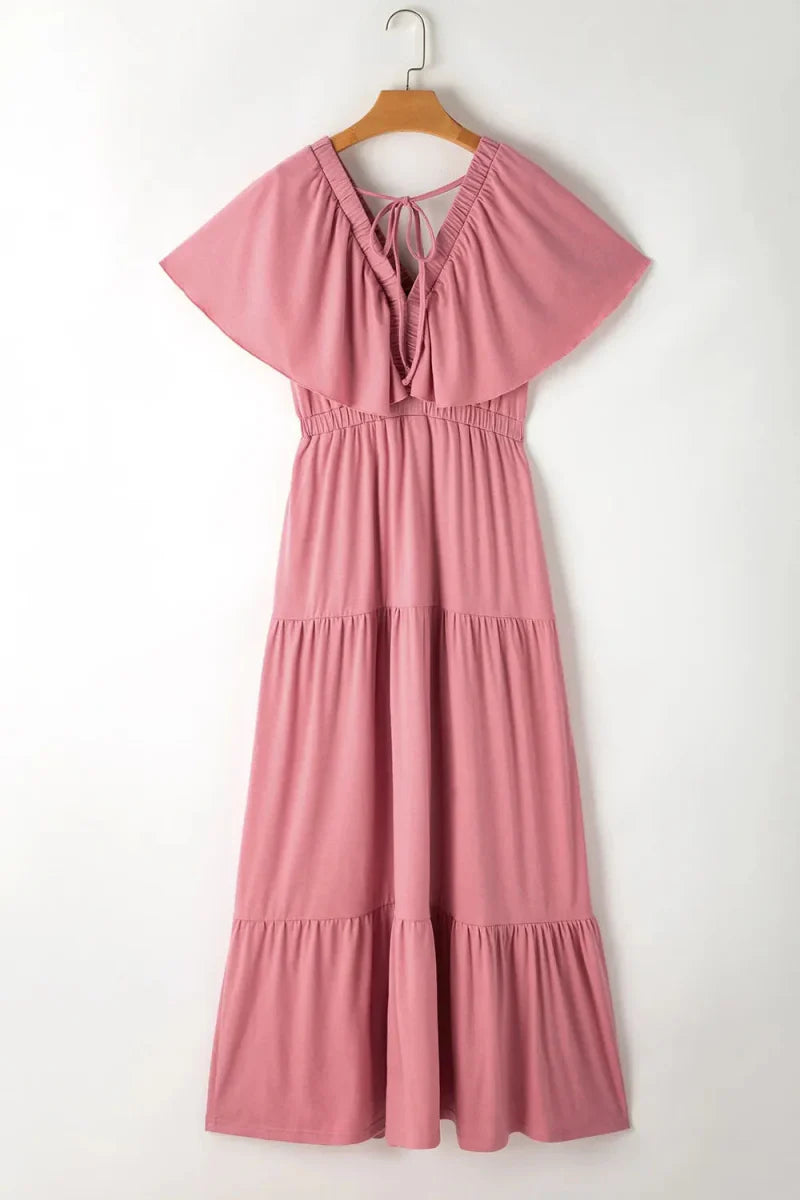 Ruffled V Neck Flutter Sleeve Maxi Dress for Women