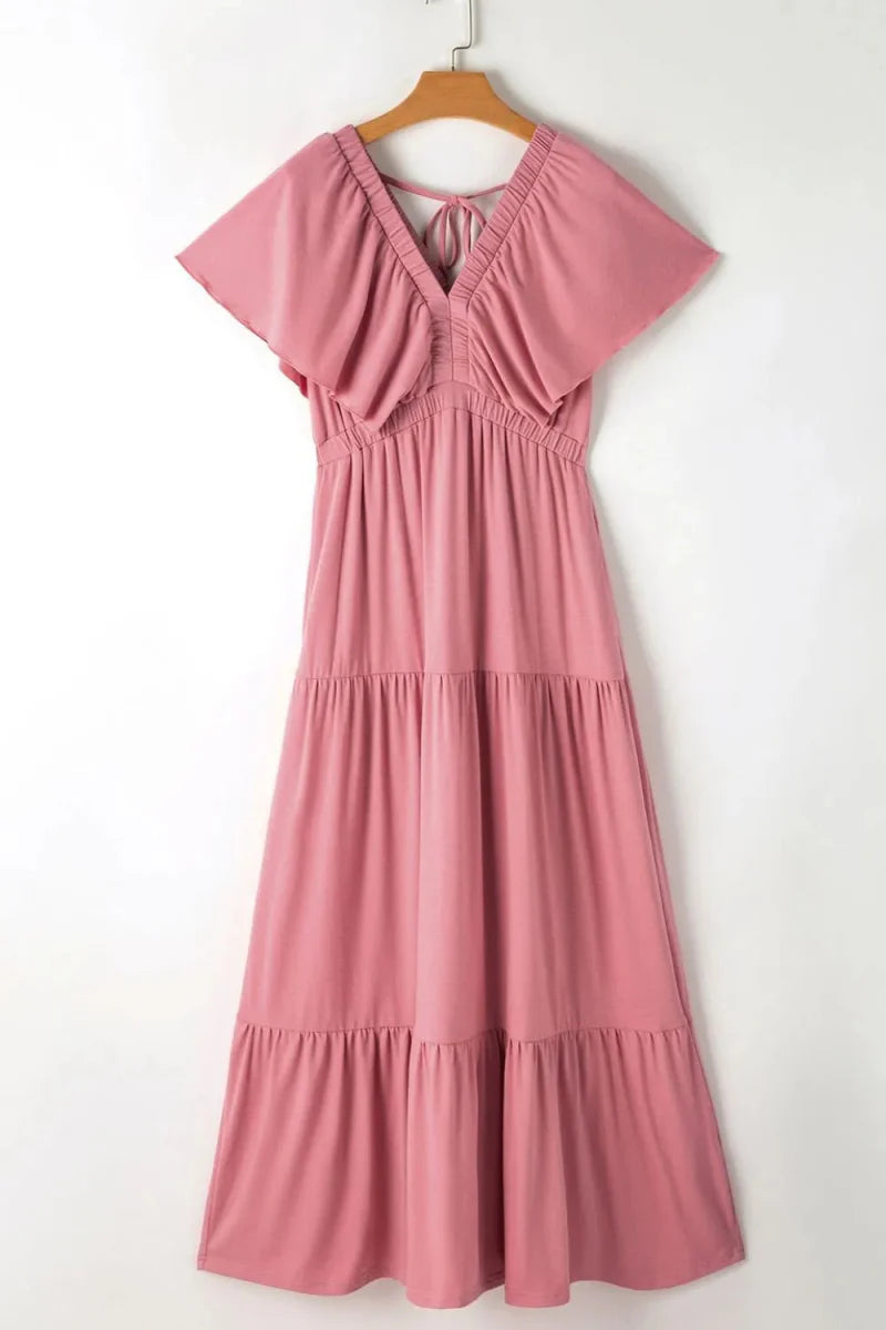 Ruffled V Neck Flutter Sleeve Maxi Dress for Women