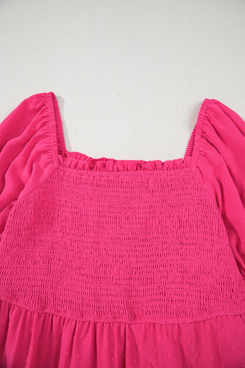 Sachet Pink Swiss Dot Smocked Frilled Neckline Plus Size Dress