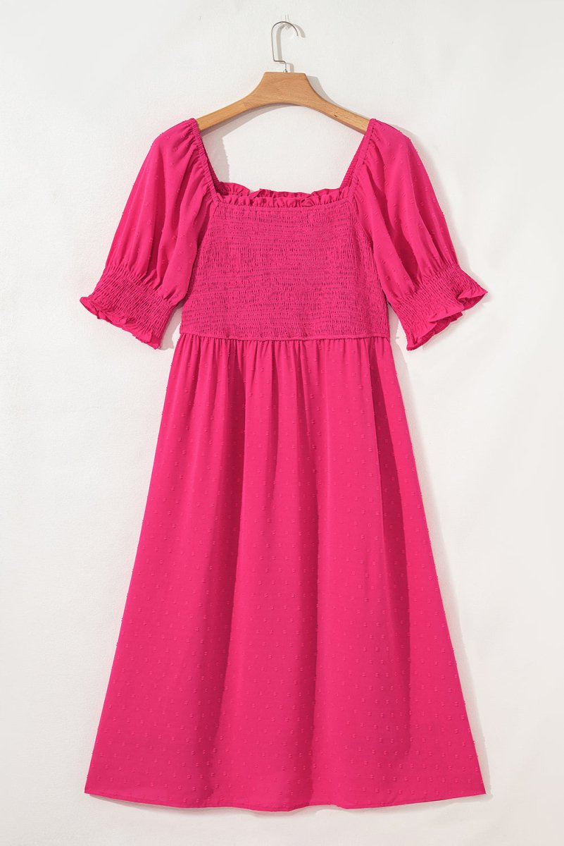 Sachet Pink Swiss Dot Smocked Frilled Neckline Plus Size Dress