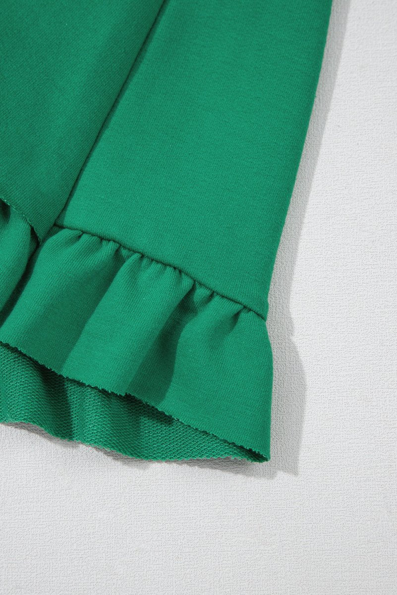Sea Green Half Zip Puff Sleeve Top and Ruffled Shorts Set