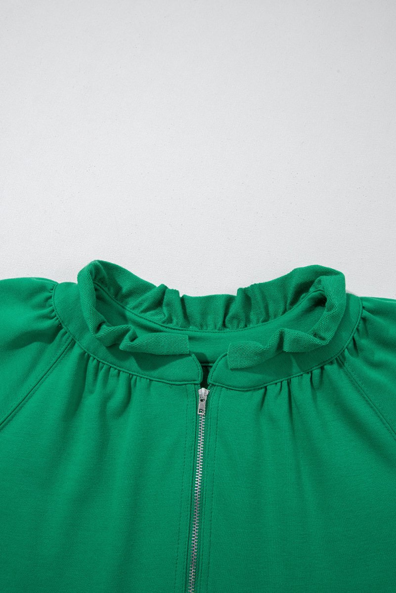 Sea Green Half Zip Puff Sleeve Top and Ruffled Shorts Set