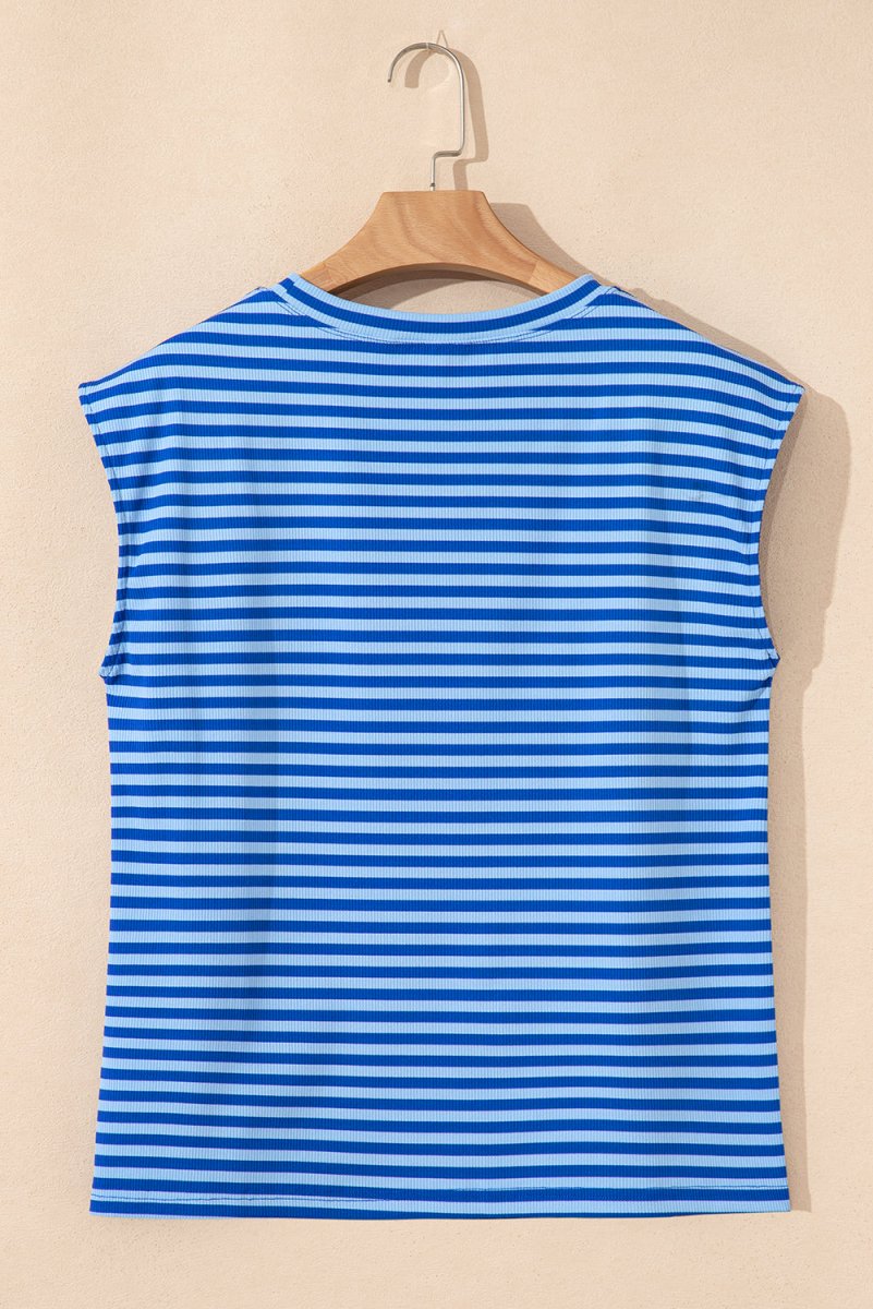 Sky Blue Stripe Ribbed Cap Sleeve Round Neck T Shirt for Women