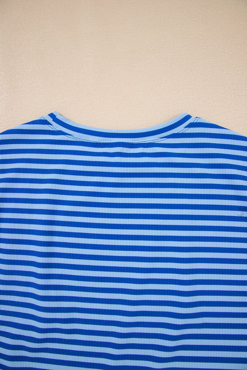 Sky Blue Stripe Ribbed Cap Sleeve Round Neck T Shirt for Women