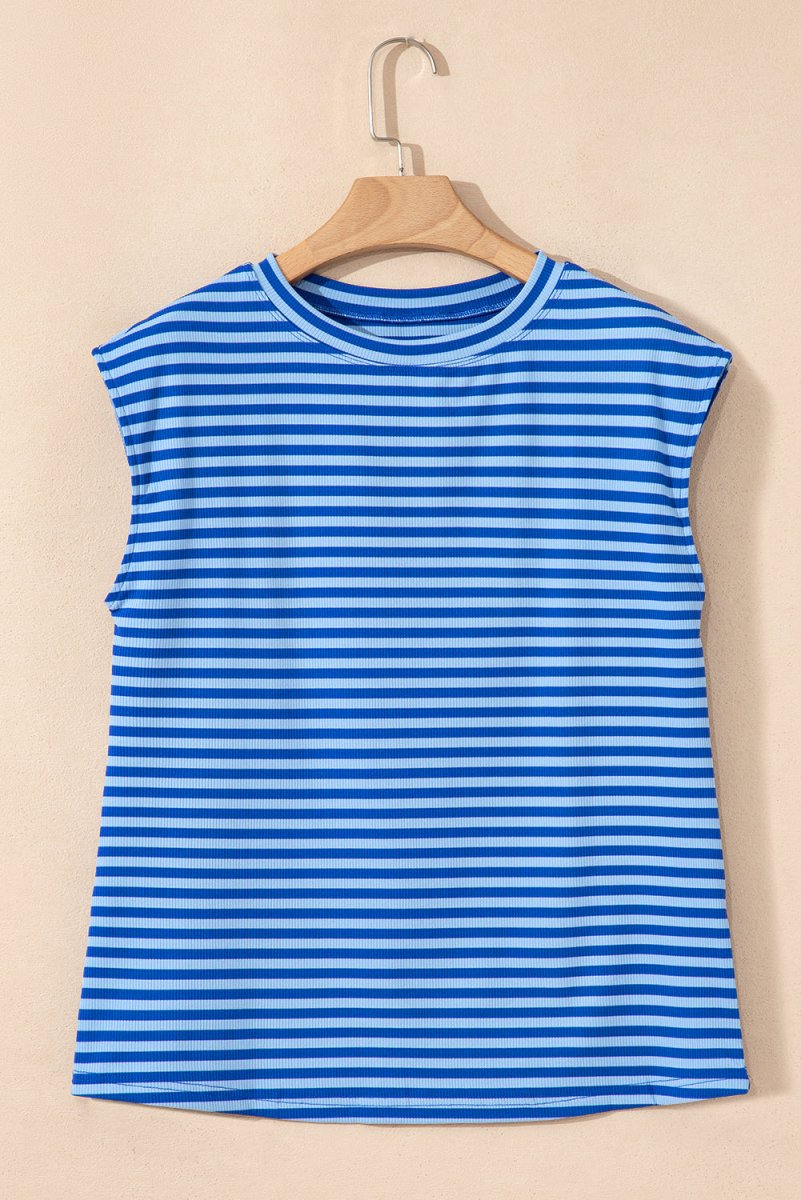 Sky Blue Stripe Ribbed Cap Sleeve Round Neck T Shirt for Women