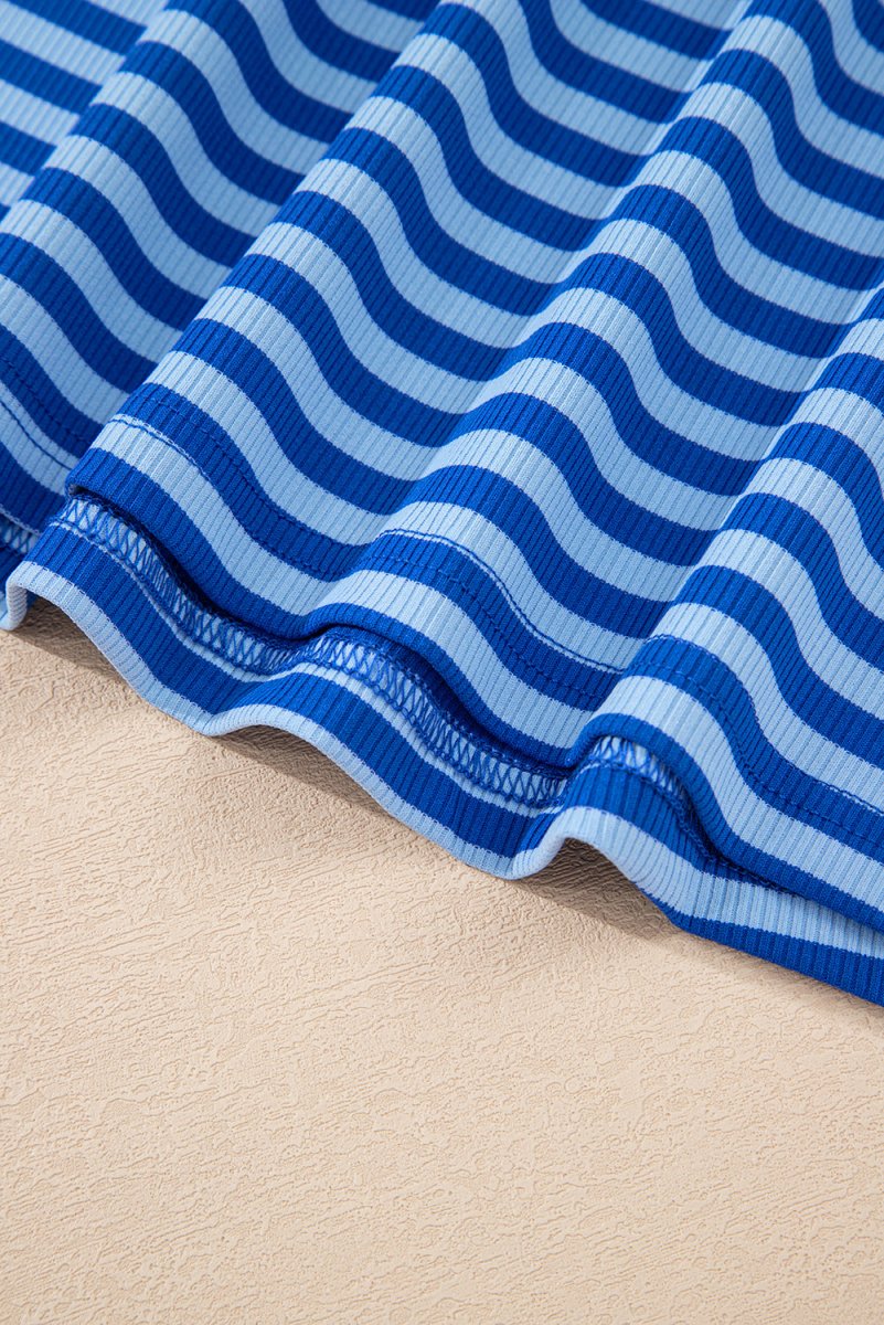Sky Blue Stripe Ribbed Cap Sleeve Round Neck T Shirt for Women