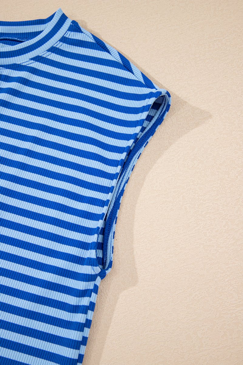 Sky Blue Stripe Ribbed Cap Sleeve Round Neck T Shirt for Women
