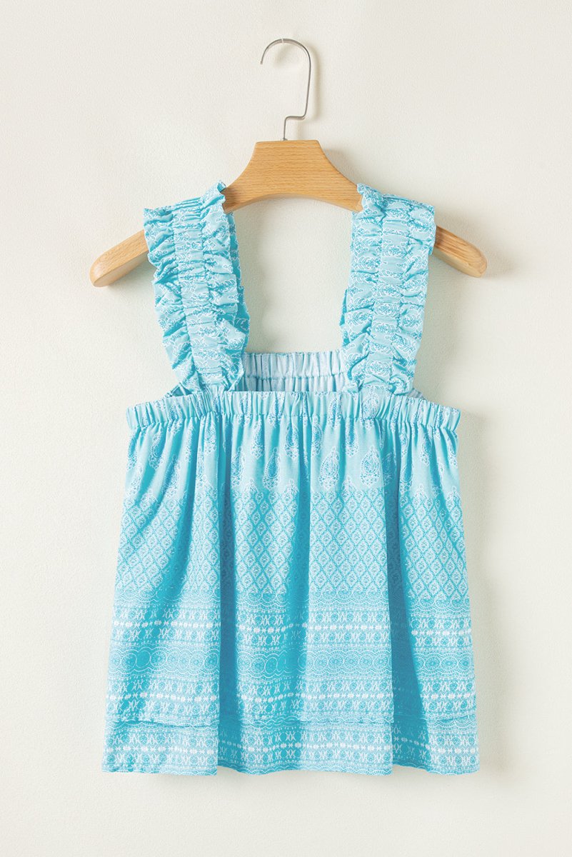 Sky Blue Tribal Pattern Print Ruffled Wide Straps Tank Top