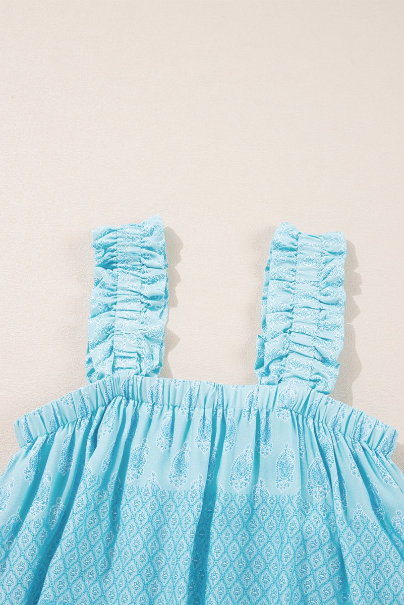 Sky Blue Tribal Pattern Print Ruffled Wide Straps Tank Top