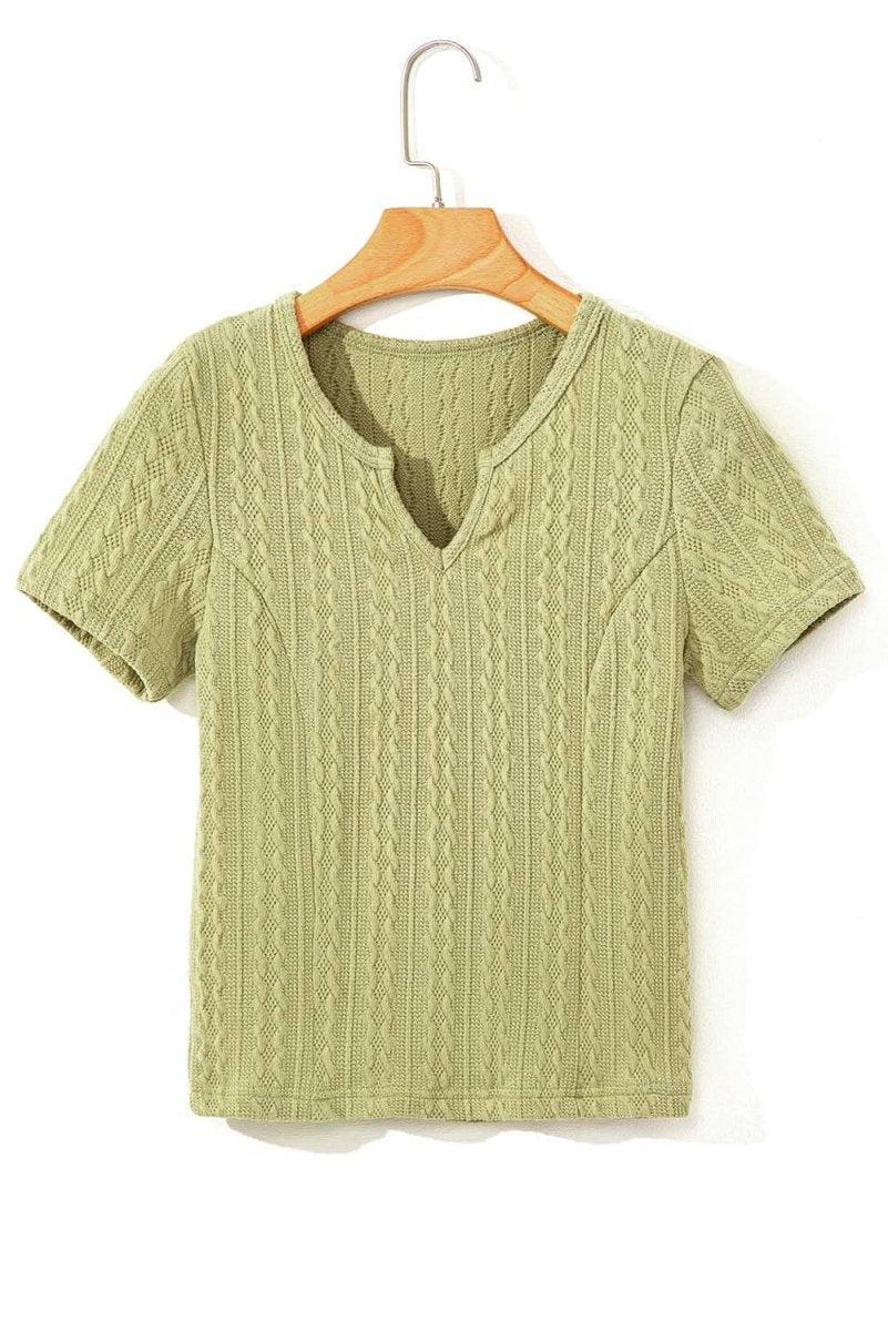 Spinach Green Textured Knit Slim Fit Notch V-Neck Tee